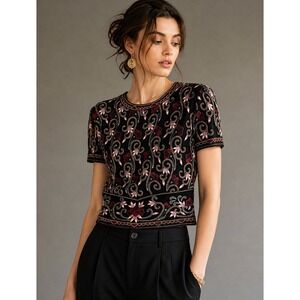 Vintage Silk Embroidered Beaded Top SMALL Black Floral Crop Boho Glam Evening